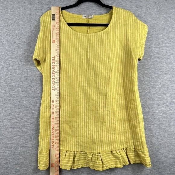 Lungo L'arno 100% Linen Yellow Striped 3/4 Sleeve Lagenlook Blouse Tunic Small - Picture 9 of 11